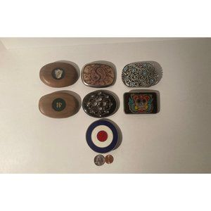 Vintage Lot of 7 Assorted Different Belt Buckles, Enamel, Bulls Eye, Wooden, C